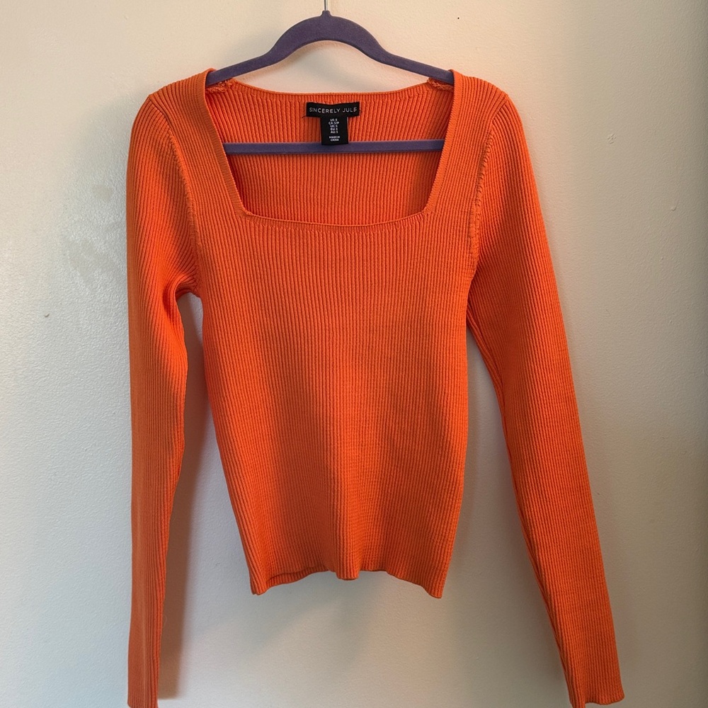 Sincerely Jules Orange Ribbed Square Neck Long Sleeve Stretchy Top